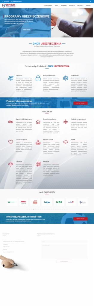 Strona internetowa firmy ubezpieczeniowej DNCK Ubezpieczenia, prezentująca programy ubezpieczeniowe, produkty i partnerów, z elementami graficznymi i formularzem kontaktowym.