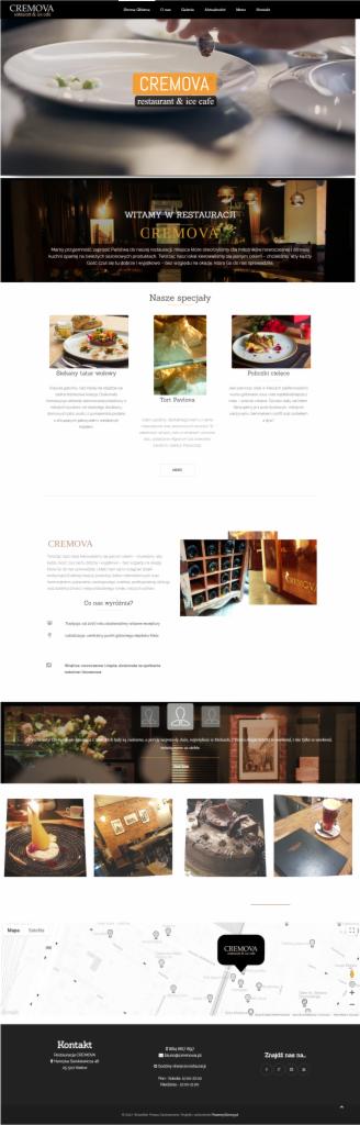 Zrzut ekranu strony internetowej restauracji i lodziarni Cremova, prezentujący menu, lokalizację i dane kontaktowe.
