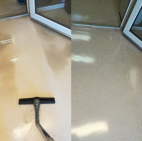 Przed i po maszynowym doczyszczeniu posadzki wraz z zabezpieczeniem trzema warstwami polimerowymi.