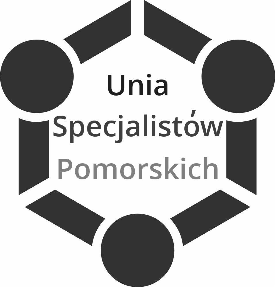 Logo Unii Specjalistów Pomorskich, grafika przedstawia sześciokąt utworzony z kół i trapezów w kolorze szarym, w centrum napis 'Unia Specjalistów Pomorskich'.