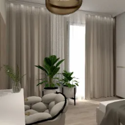 Jasna sypialnia w neutralnych barwach z łóżkiem, komodą z lustrem w złotej ramie, okrągłym fotelem z poduszkami, roślinami w doniczkach i zasłonami w tle, oświetlona lampami sufitowymi.