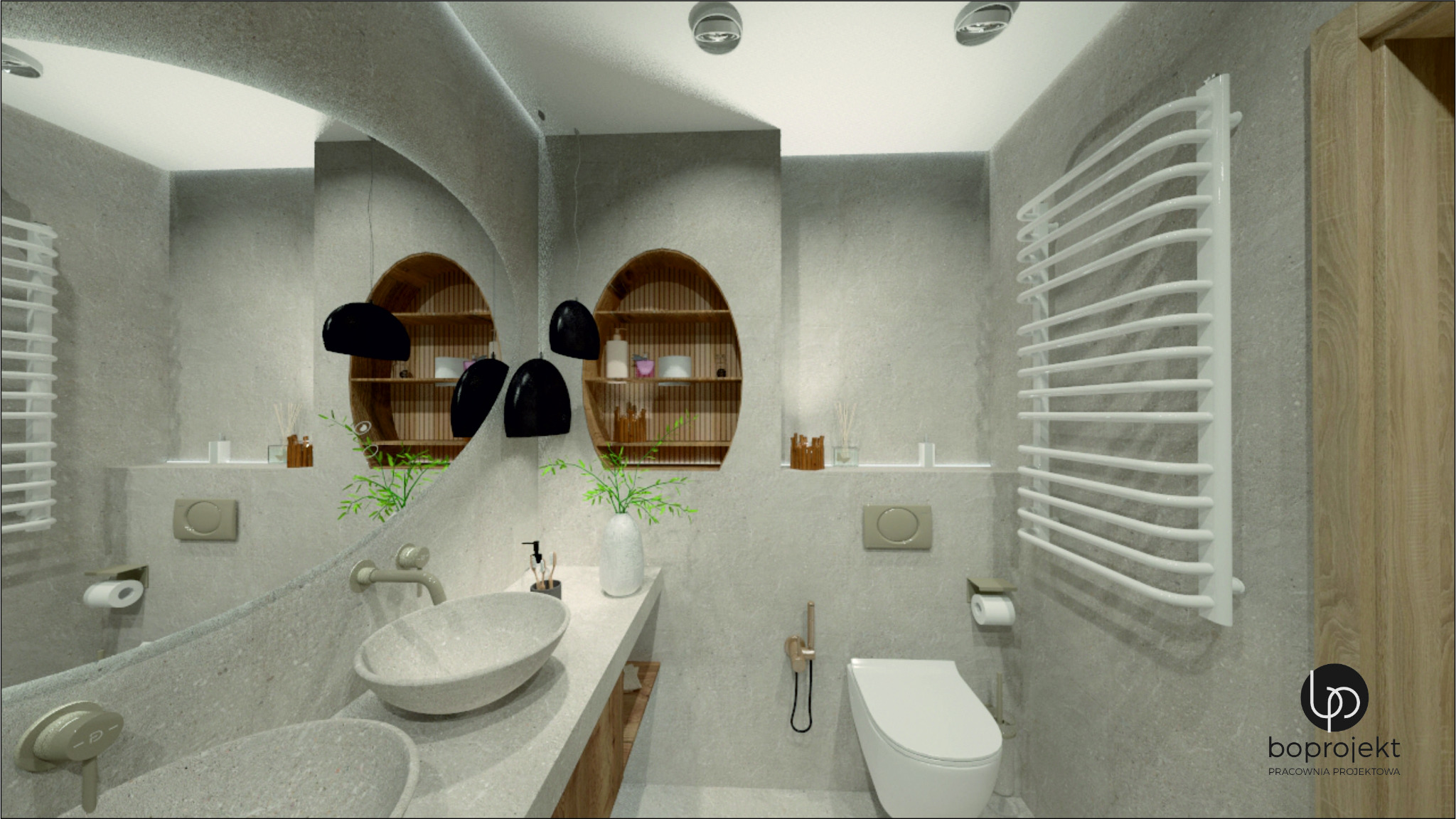 Wizualizacja łazienki w szarościach z owalnym lustrem, kamienną umywalką nablatową, drewnianą szafką, grzejnikiem drabinkowym i owalną półką w ścianie.