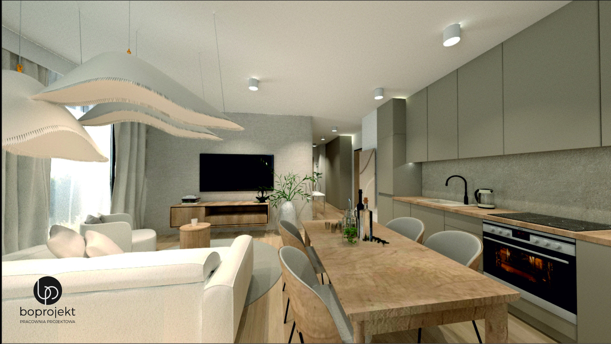 Wizualizacja przestronnego wnętrza z salonem, jadalnią i aneksem kuchennym. Charakterystyczne, warstwowe lampy wiszące nad strefą wypoczynkową. Długi stół jadalny z szarymi krzesłami.