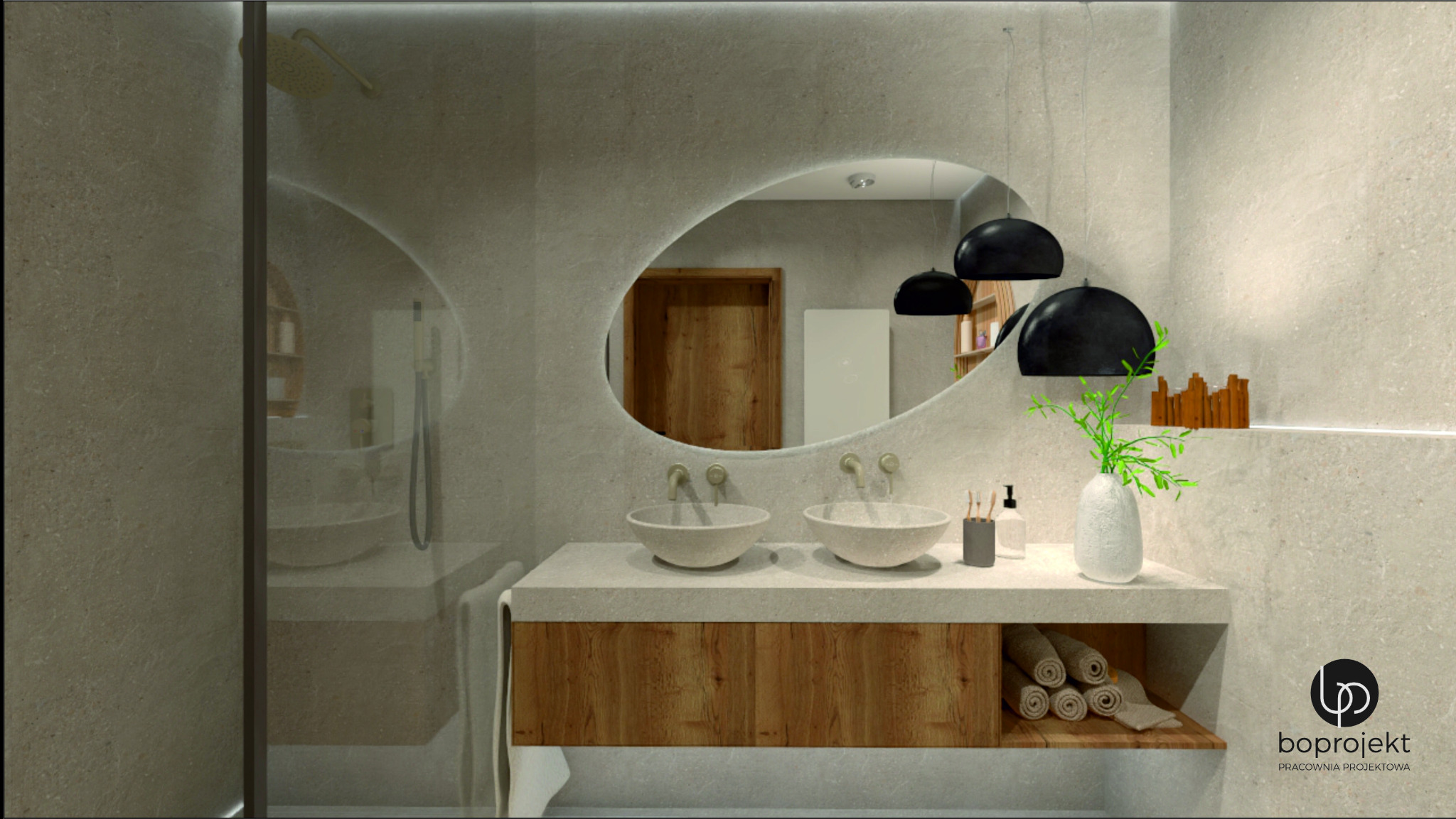 Jasna łazienka w Krakowie z dwiema umywalkami wpuszczonymi w kamienny blat, owalne lustro z podświetleniem i wiszące czarne lampy, widoczny prysznic za szklaną ścianką oraz dekoracje.