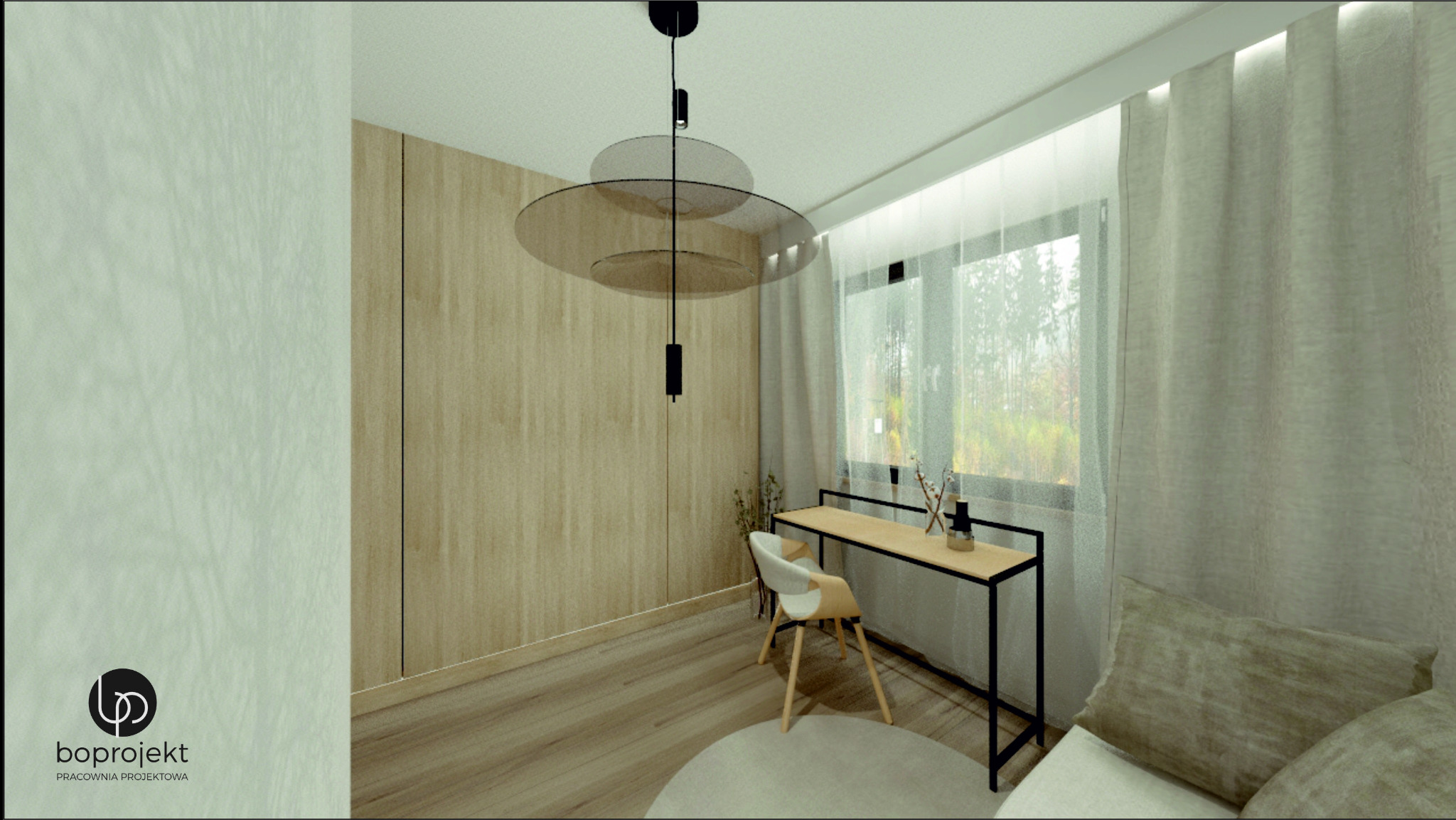Wizualizacja pokoju z biurkiem przy oknie i designerską lampą wiszącą; ściana wykończona panelami drewnopodobnymi, jasne zasłony, okrągły dywan.