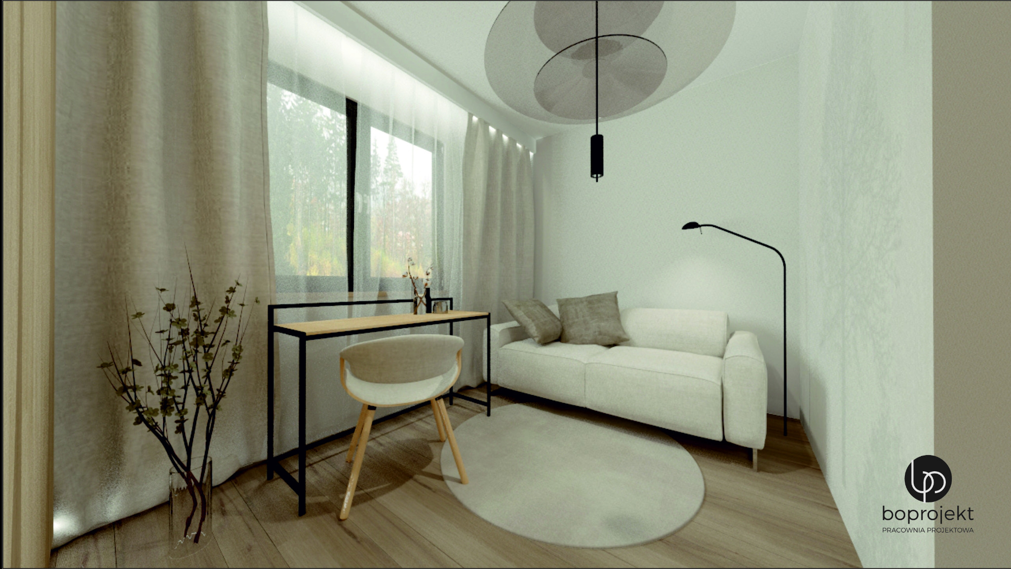 Wizualizacja jasnego pokoju z biurkiem, sofą i okrągłym dywanem. Na biurku wazon z kwiatami, na suficie okrągłe lampy, przy ścianie lampa podłogowa. W rogu widoczne logo firmy projektowej.