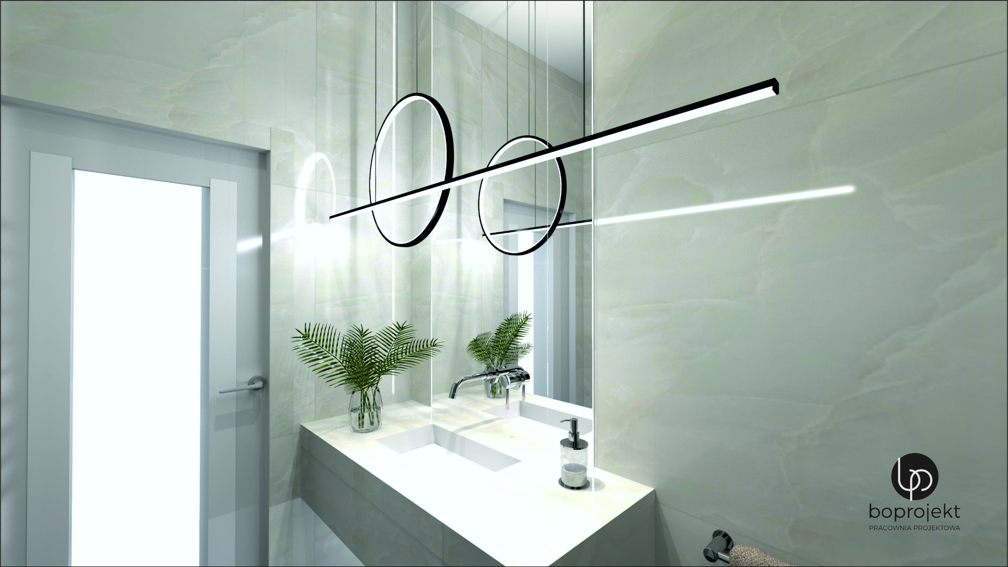 Wizualizacja nowoczesnej łazienki z marmurowymi ścianami, podwieszaną umywalką, okrągłymi lampami LED i roślinami w szklanych wazonach, z logo pracowni projektowej w prawym dolnym rogu.