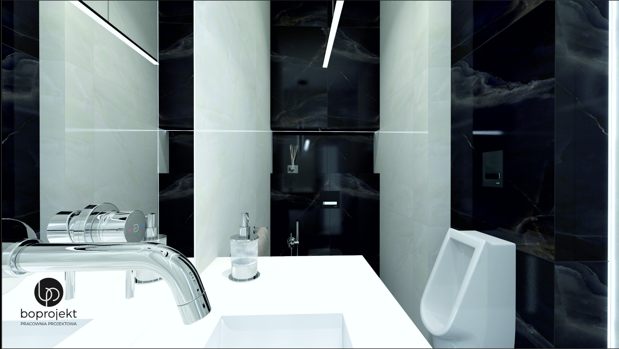 Wizualizacja nowoczesnej łazienki publicznej z białymi i czarnymi marmurowymi płytkami, chromowaną armaturą, białym blatem i pisuarami.