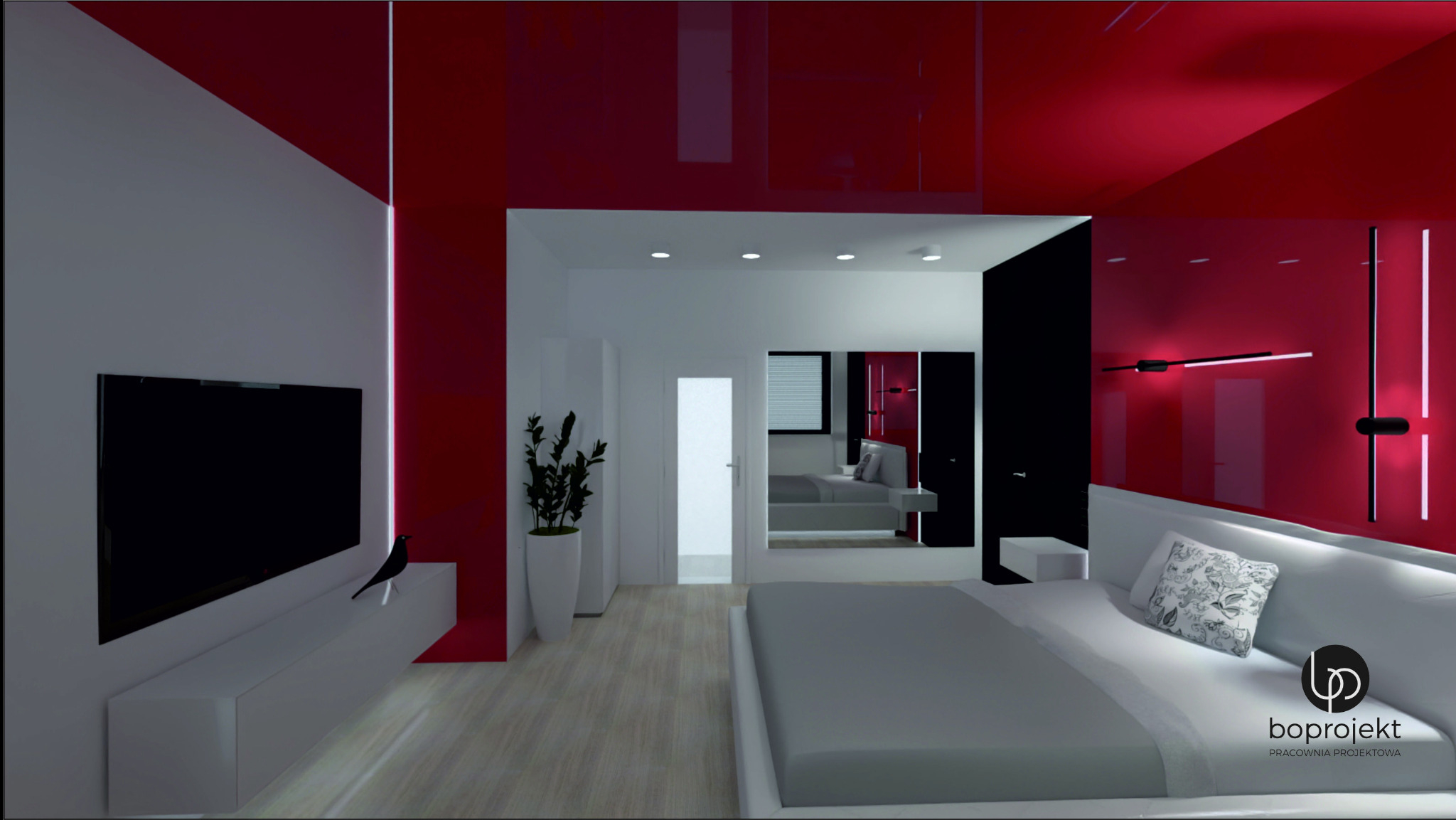 Wizualizacja sypialni w nowoczesnym stylu z czerwonymi akcentami, łóżkiem z szarą pościelą i dekoracyjną poduszką, czarnym telewizorem na białej szafce, oraz rośliną w białej donicy.
