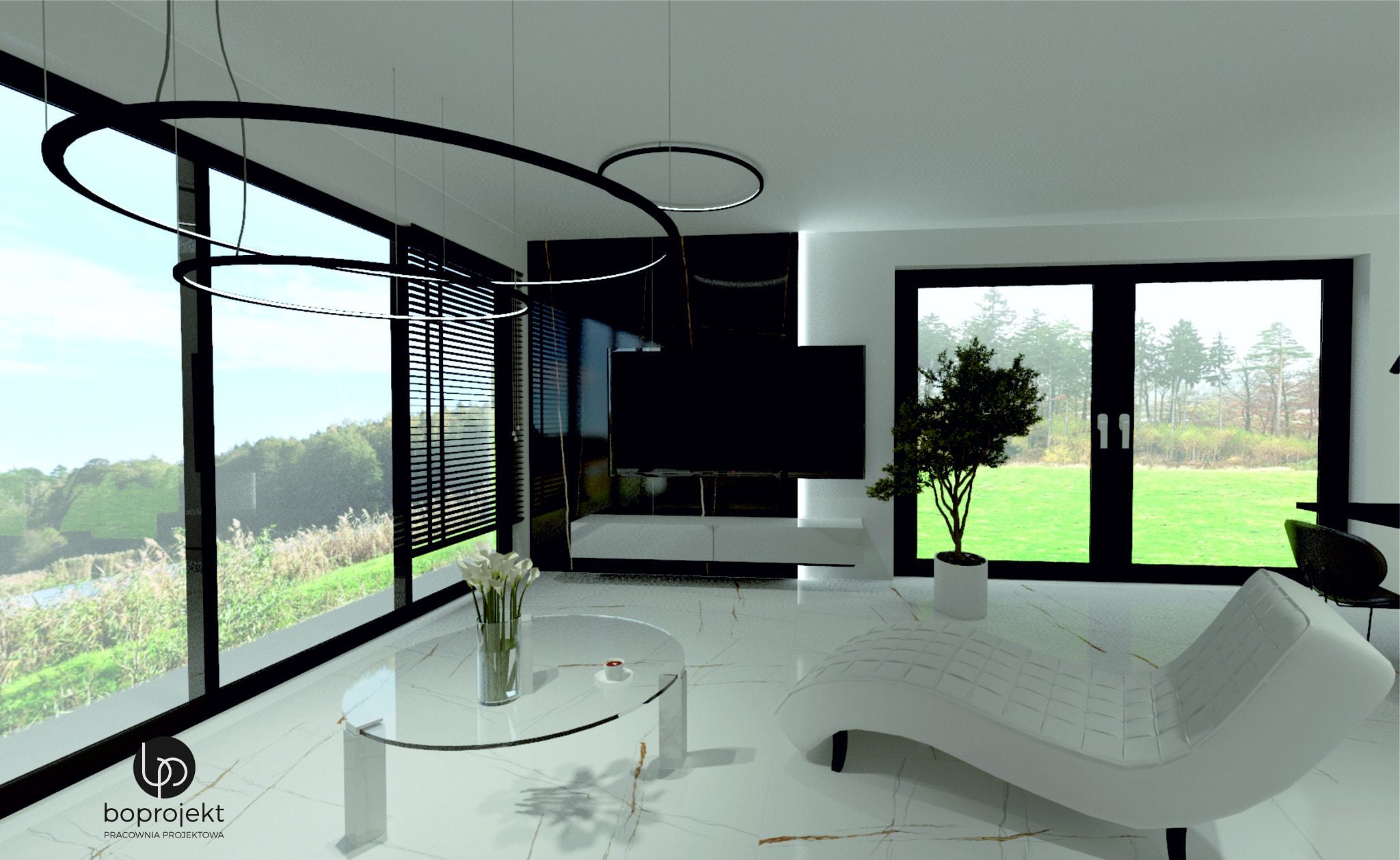 Wizualizacja nowoczesnego salonu z dużymi oknami, okrągłym stolikiem kawowym z bukietem białych kwiatów, białą leżanką i okrągłymi lampami wiszącymi.