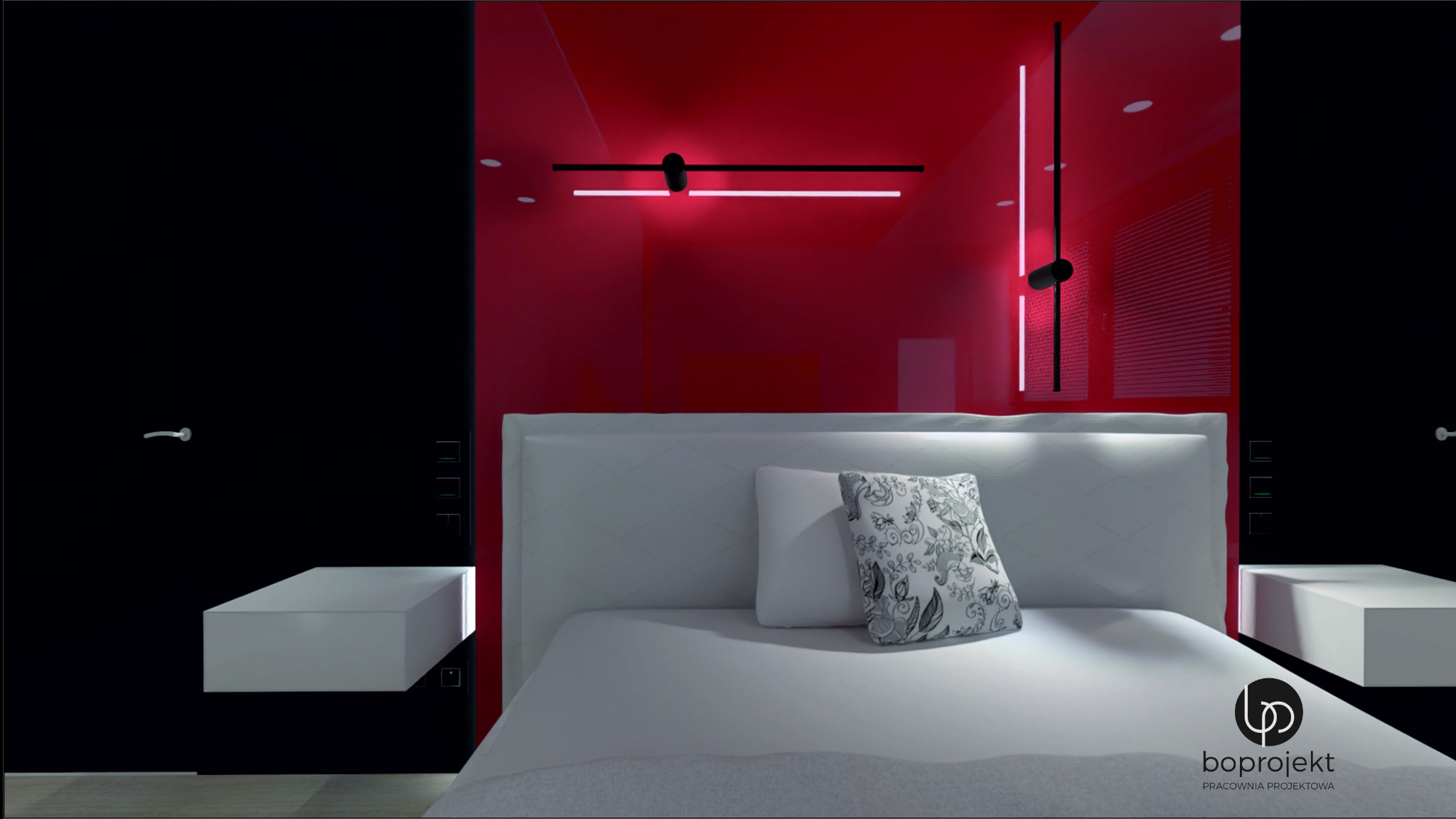 Wizualizacja sypialni z czerwonymi szklanymi ścianami, podwieszanymi szafkami nocnymi i linearnymi lampami LED, z logo biura projektowego w rogu.