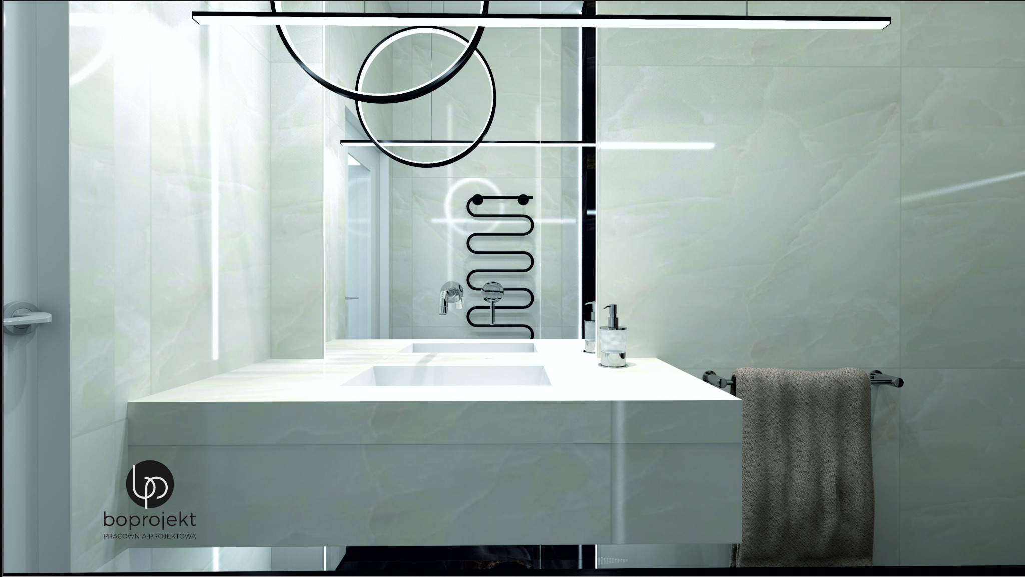 Nowoczesna łazienka z marmurowymi płytkami, podwójną umywalką na blacie, designerskim oświetleniem LED i grzejnikiem drabinkowym w kształcie spirali.