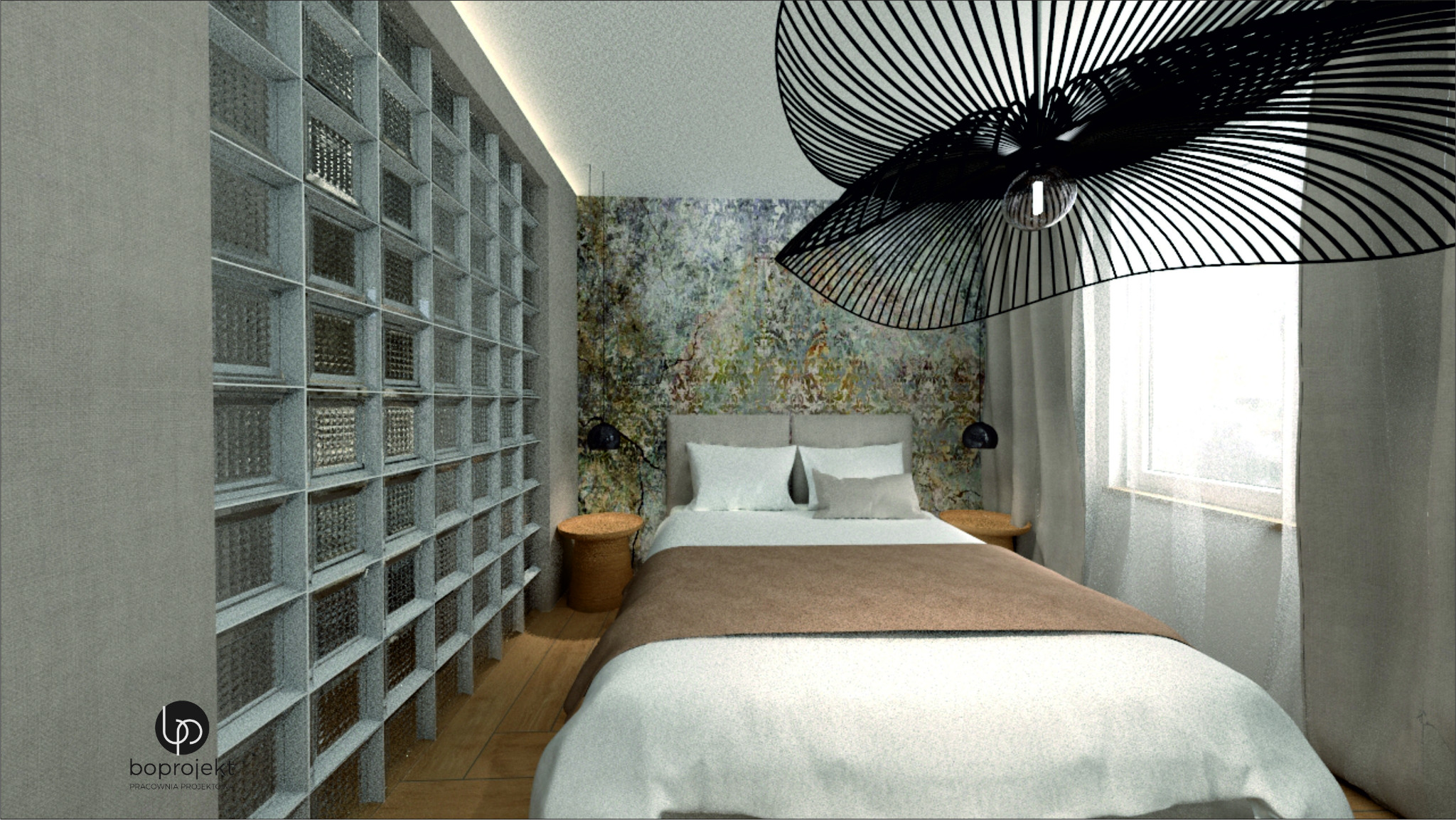Wizualizacja sypialni z łóżkiem, ścianą z luksferów, wzorzystą tapetą i designerską lampą wiszącą.