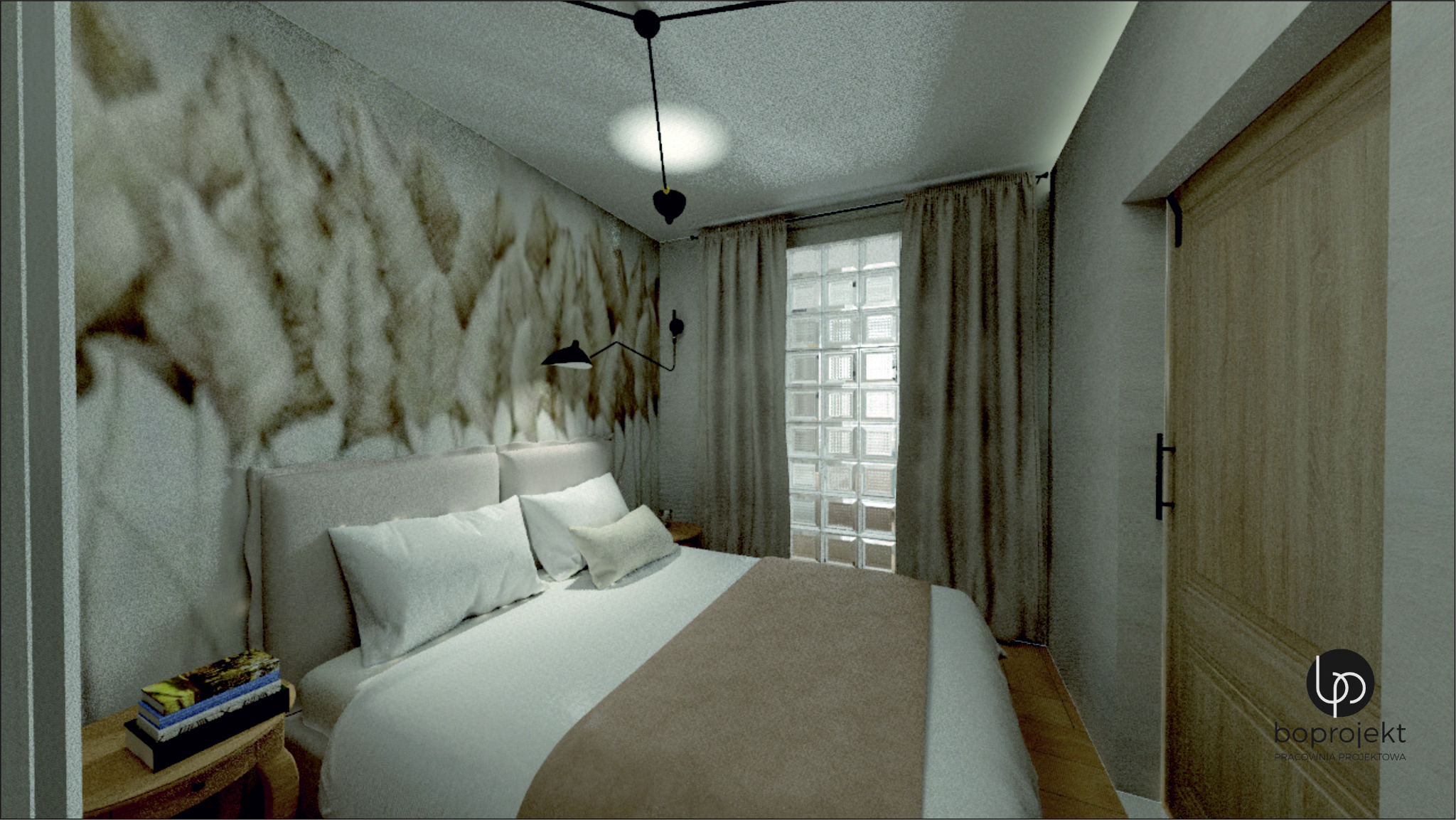 Wizualizacja sypialni w neutralnych barwach z tapetą w motywie roślinnym, łóżkiem z beżowym zagłówkiem, lampką nocną i oknem z luksferami.