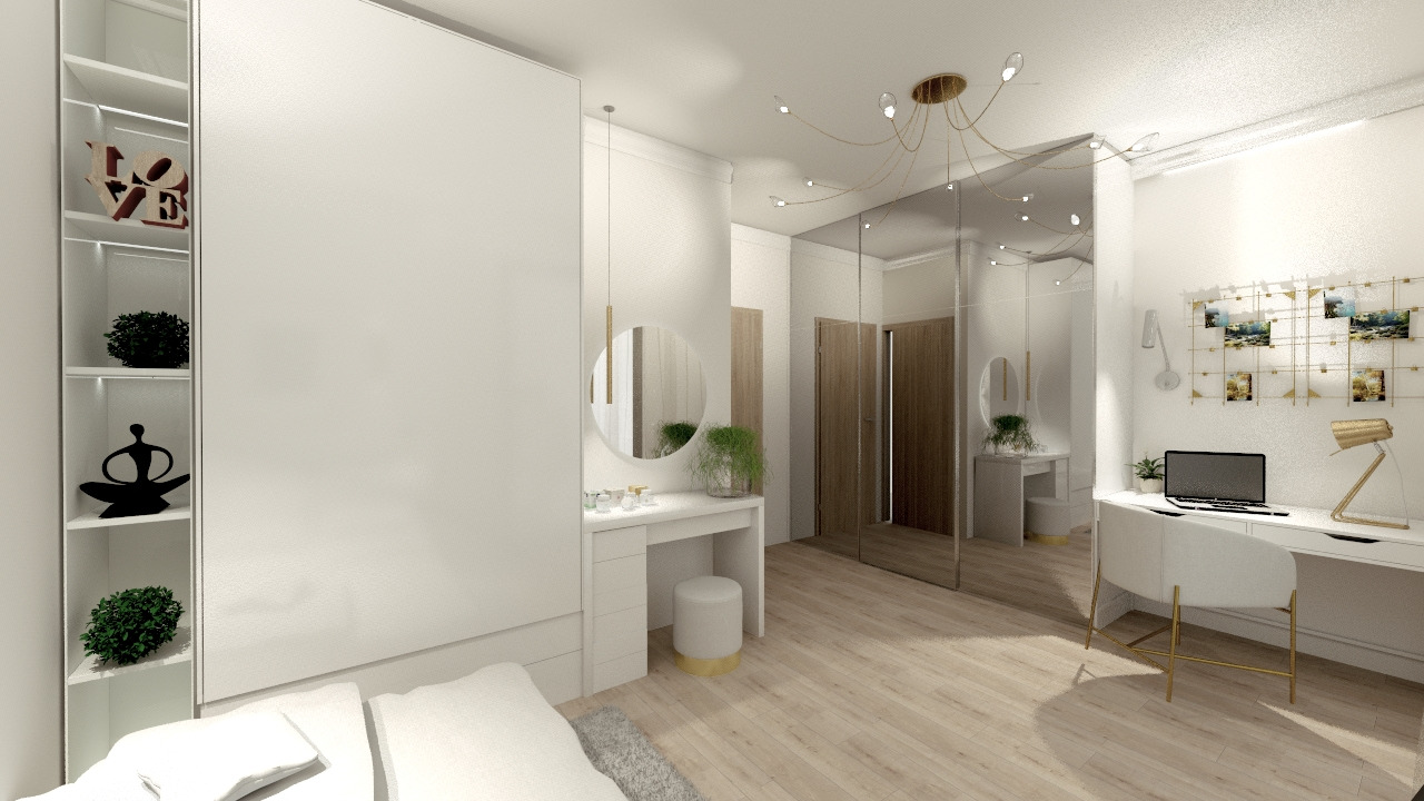 Jasna sypialnia z toaletką, biurkiem i szafą, minimalistyczny design, lustrzane drzwi przesuwne, drewniana podłoga