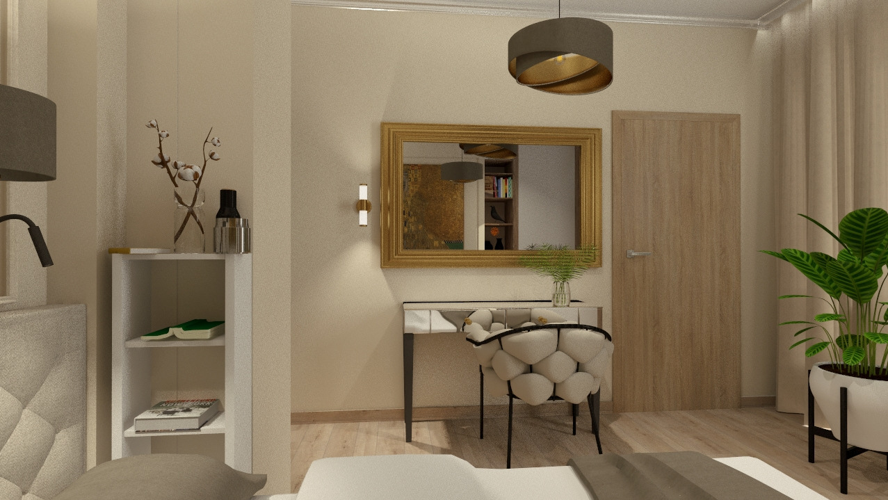 Beżowa sypialnia z toaletką, okrągłym lustrem w złotej ramie i rośliną doniczkową, oświetlona lampą sufitową z elementami złota.