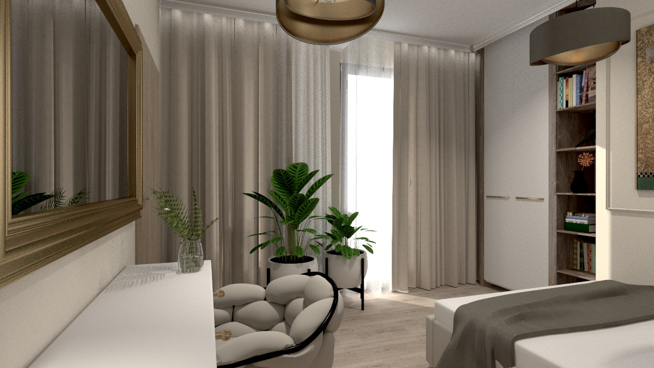 Jasna sypialnia w neutralnych barwach z łóżkiem, komodą z lustrem w złotej ramie, okrągłym fotelem z poduszkami, roślinami w doniczkach i zasłonami w tle, oświetlona lampami sufitowymi.