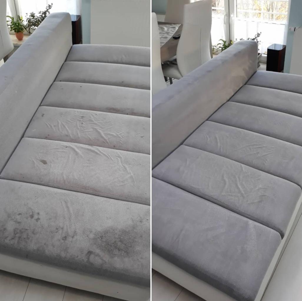 Porównanie: Szara kanapa modułowa z widocznymi plamami i zabrudzeniami przed i po czyszczeniu, ukazujące efektywność usługi.