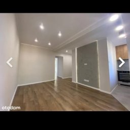 BAJBUD - Jasne wnętrze po remoncie: parkiet, ściany w odcieniach beżu, dekoracyjna szara ściana z oświetleniem LED, widoczna zabudowa kuchenna w tle.