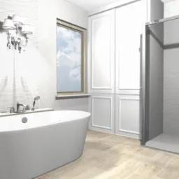 Wizualizacja łazienki w bieli z wolnostojącą wanną, kabiną prysznicową ze szklanymi drzwiami przesuwnymi, toaletą podwieszaną i ozdobną lampą nad wanną.