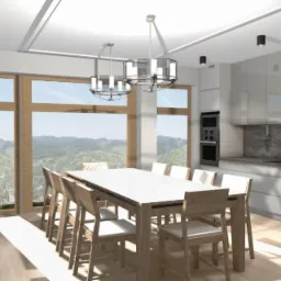 Wizualizacja przestronnej jadalni z dużym oknem z widokiem na góry, białymi szafkami kuchennymi i drewnianym regałem na książki, oświetlona dwoma nowoczesnymi żyrandolami.