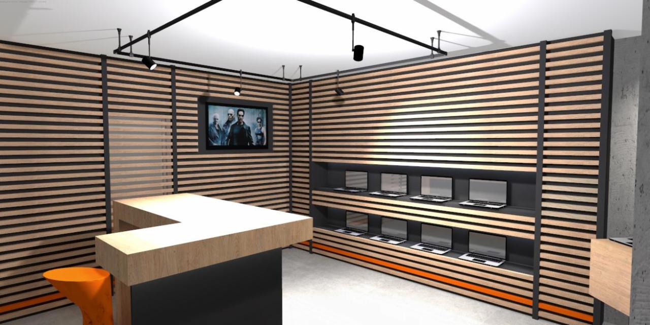 Wizualizacja wnętrza sklepu z drewnianymi panelami ściennymi, czarnymi metalowymi ramami, oświetleniem punktowym i ekspozycją laptopów na półkach, widziana z perspektywy klienta.