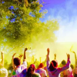 Tłum ludzi z podniesionymi rękami podczas festiwalu kolorów, unoszący się żółty proszek w powietrzu, widoczne drzewa i błękitne niebo w tle.