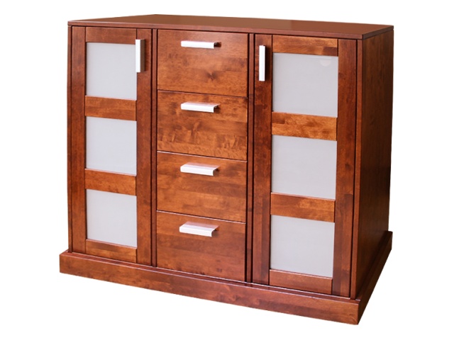 Brązowa komoda z czterema szufladami i dwiema szafkami z matowym szkłem, wyposażona w poziome, srebrne uchwyty.