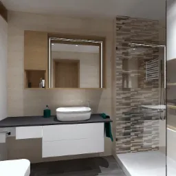Wizualizacja nowoczesnej łazienki z umywalką nablatową, podświetlanym lustrem i kabiną prysznicową typu walk-in z dekoracyjną ścianą z płytek imitujących drewno.