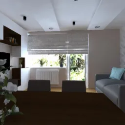 Wizualizacja salonu z szarą sofą z turkusowymi poduszkami, ścianą z geometrycznym wzorem 3D, drewnianym stołem z wazonem z białymi kwiatami i oknem z roletą rzymską.