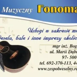 Wizytówka zespołu muzycznego Fonomatic z Radomska oferującego oprawę muzyczną wesel, bali i imprez okolicznościowych, z ilustracją trąbki, mikrofonu i gitary akustycznej.
