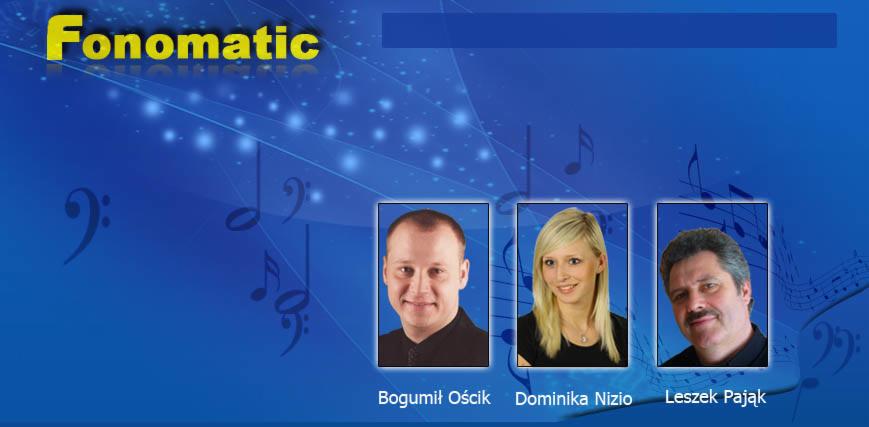 Grafika promocyjna zespołu muzycznego Fonomatic na niebieskim tle z nutami i portretami członków: Bogumił Ościk, Dominika Nizio i Leszek Pająk.