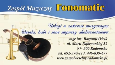 Wizytówka zespołu muzycznego Fonomatic z Radomska oferującego oprawę muzyczną wesel, bali i imprez okolicznościowych, z ilustracją trąbki, mikrofonu i gitary akustycznej.