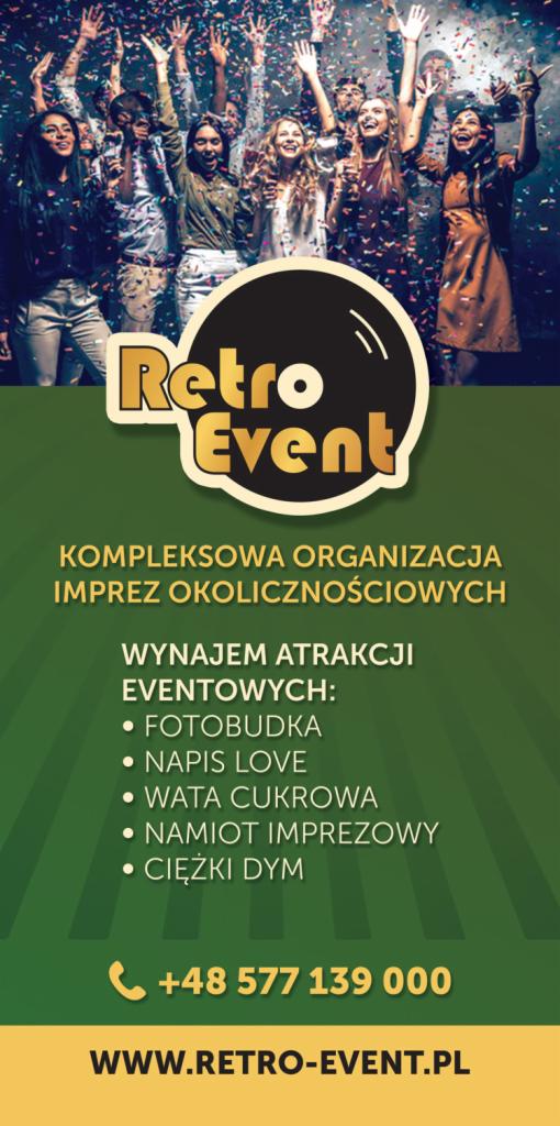 Grafika reklamowa z grupą uśmiechniętych osób świętujących pod strugami konfetti, logo 'Retro Event' oraz informacjami o kompleksowej organizacji imprez okolicznościowych i wynajmie atrakcji...