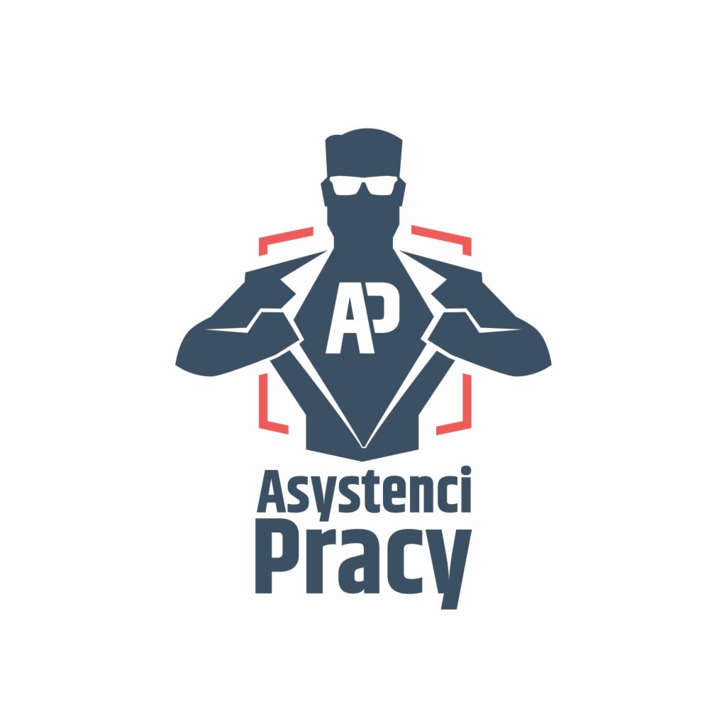 Logo firmy Asystenci Pracy przedstawiające postać w okularach i z literami AP na piersi, stylizowaną na superbohatera z rozchyloną marynarką.
