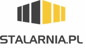 Logo firmy Stalarnia.pl z geometrycznym symbolem przedstawiającym budynek lub konstrukcję metalową w kolorach szarym i żółtym.