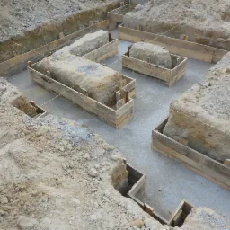 Wykopane fundamenty w ziemi, z drewnianym szalunkiem, przygotowane do wylania betonu, widoczne napięte sznurki wyznaczające linie.