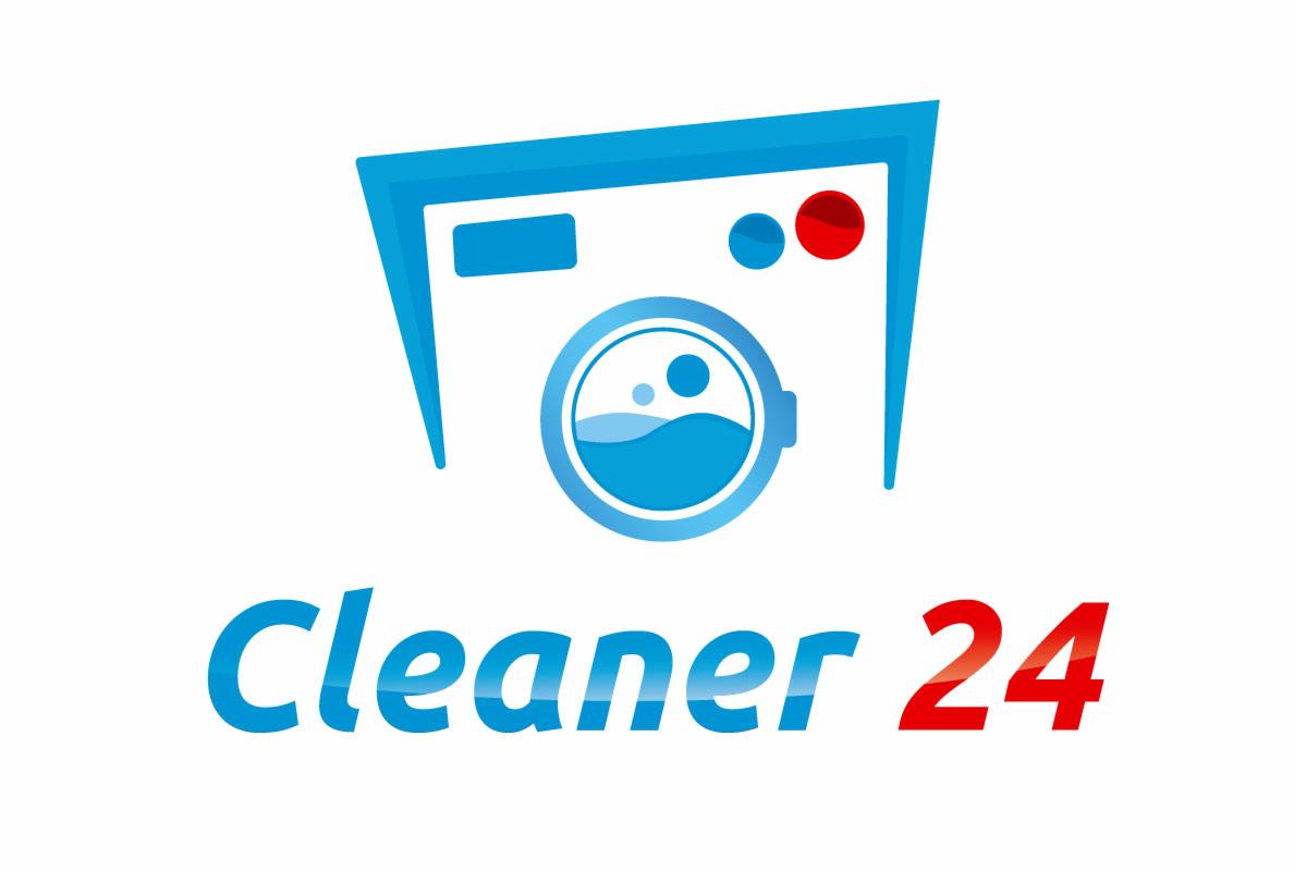Niebiesko-czerwone logo firmy sprzątającej Cleaner 24, stylizowane na pralkę z błękitną wodą w bębnie.