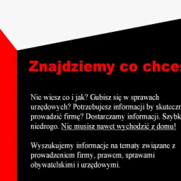 Tekst na czarnym tle z czerwonymi elementami graficznymi: 'Znajdziemy co chcesz', opisuje wyszukiwanie informacji dla firm w sprawach urzędowych, prawnych i obywatelskich.