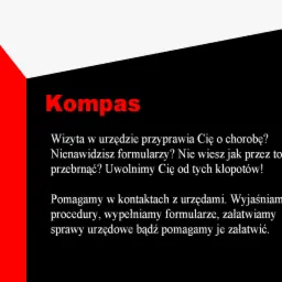 Grafika z nazwą firmy 'Kompas' w kolorze czerwonym, oferującej pomoc w kontaktach z urzędami w Białej Podlaskiej, wypełnianiu formularzy i załatwianiu spraw urzędowych. Czerwony trójkąt w lewym...