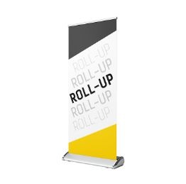 Rozwinięty roll-up z ukośnym podziałem na szary, biały i żółty obszar. Na białym tle powtarzający się napis 'ROLL-UP'.