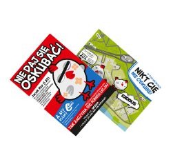 Dwie ulotki reklamowe z motywem ptaka z plastrami, jedna z napisem 'NIE DAJ SIĘ OSKUBAĆ!', druga z mapą i napisem 'EXODUS'.