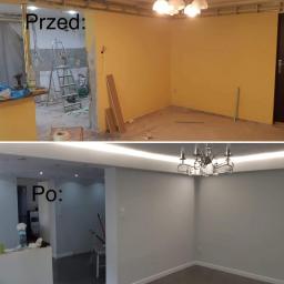 Specmar - Porównanie stanu pokoju przed i po remoncie: żółte ściany i bałagan kontra szare ściany, listwy LED i czystość.