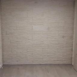 Specmar - Wykończona ściana w salonie z dekoracyjnym panelem imitującym kamień, jasna podłoga, białe drzwi z szybami, fragment blatu kuchennego z mikrofala i mikserem w tle.