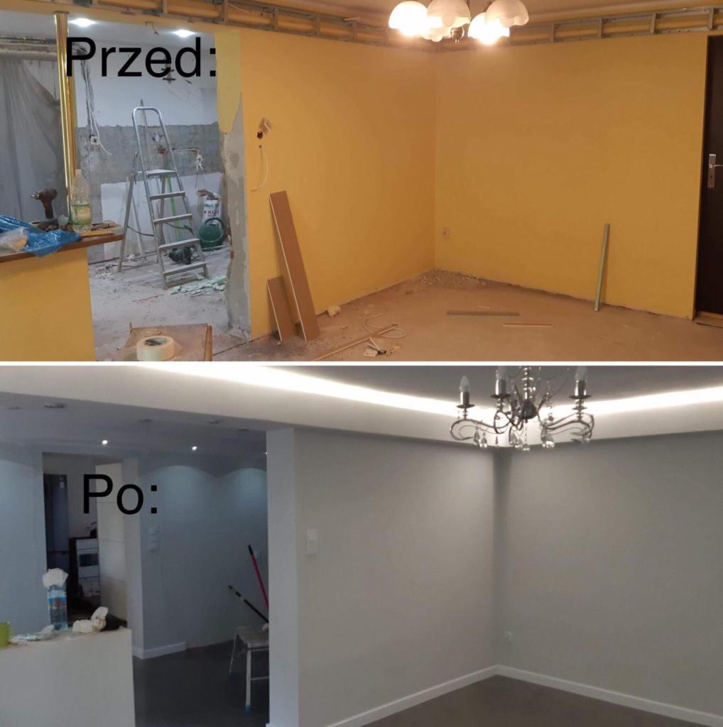 Porównanie stanu pokoju przed i po remoncie: żółte ściany i bałagan kontra szare ściany, listwy LED i czystość.