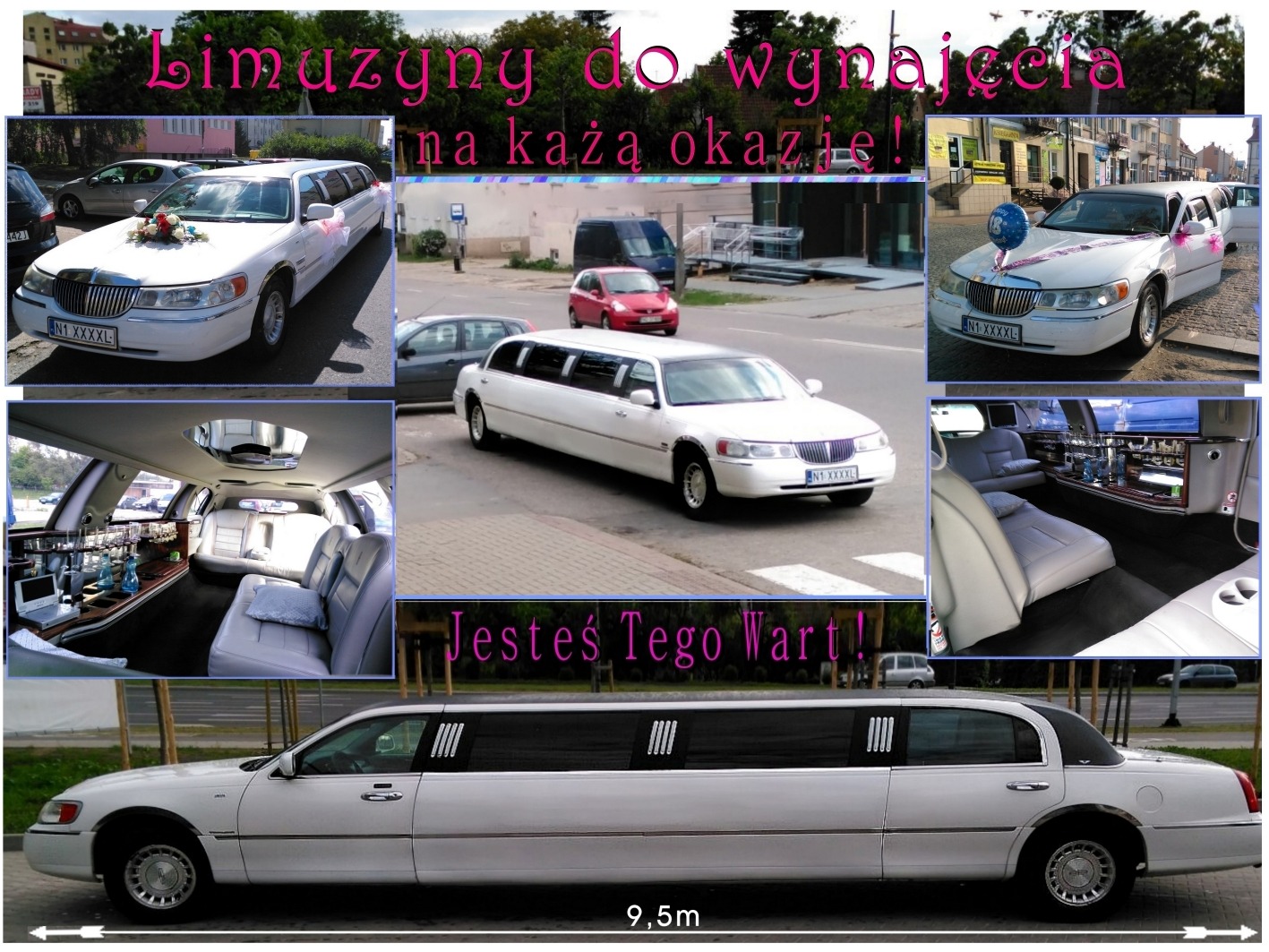 Kolaż zdjęć białej limuzyny Lincoln Town Car: z dekoracją kwiatową na masce, z balonem, widok z zewnątrz na ulicy, wnętrze z białymi skórzanymi siedzeniami i barem z napojami.