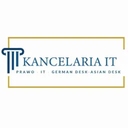 Logo Kancelarii IT: niebieska kolumna, napis 'Kancelaria IT', pod spodem 'Prawo, IT, German Desk, Asian Desk', całość w złotej ramce.