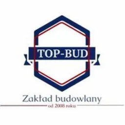 Logo firmy TOP-BUD, zakład budowlany od 2008 roku, w kształcie niebieskiego sześciokąta z czerwoną obwódką i białym tłem.
