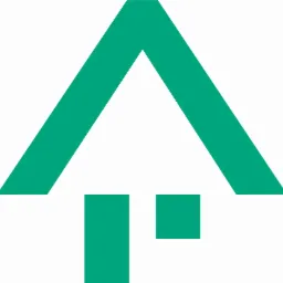 Prosty, minimalistyczny, zielony logo w kształcie domu z dachem trójkątnym i dwoma prostokątnymi elementami poniżej, na białym tle.