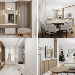 ROLI.ART AGNIESZKA ROLIRAD - Eleganckie wnętrze mieszkania: zabudowa przedpokoju z siedziskiem, jadalnia z okrągłym stołem i salon z choinką. Jasna kolorystyka, nowoczesny styl.